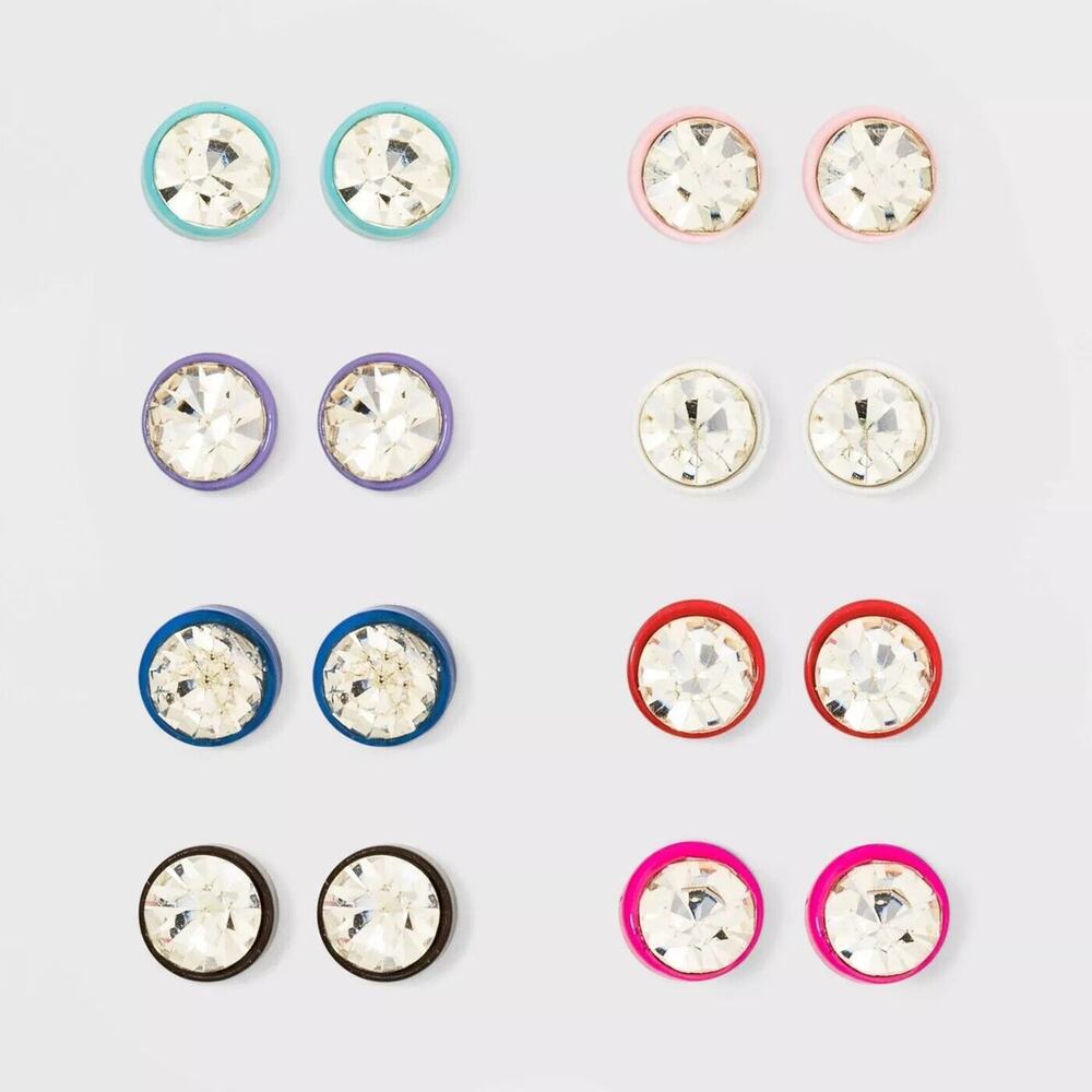 Wild Fable Stud Earring Set Clear Round Faux Gemstones in Rainbow Colors 9pc Set